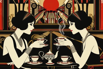 glamorous art deco tea party poster with women having holding tea cups