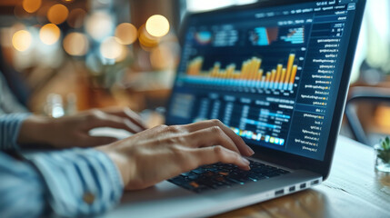 A close-up of hands typing on a laptop keyboard with a financial dashboard displayed on the screen. Generative AI.