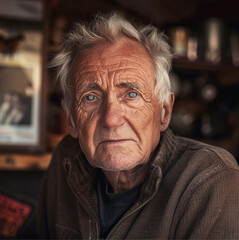 A male worker owns a small company, the background is a ticket store, An old businessman with a small company, tickets for sale