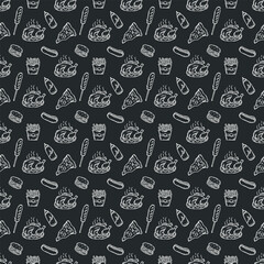 Seamless American food pattern. Doodle ilustration with american food icons. Fast food background