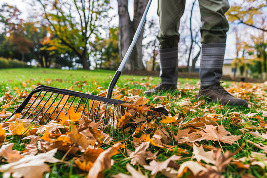 Raking leaves in the backyard, with piles of fallen leaves being gathered up and a rake leaning against a tree, ready for more tidying up.
