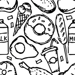 Seamless American food pattern. Doodle ilustration with american food icons. Fast food background