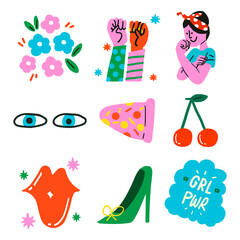 Woman empowerment png sticker set in pop art style