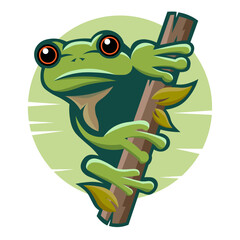 Cute green tree frog on a branch  cartoon animal design flat vector illustration isolated on white background stock illustration good for t-shirt print
