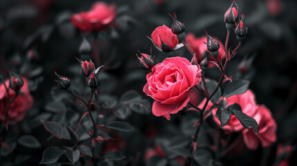 Vibrant Pink Roses in Moody Black and Red Tones, Close-up Floral Photography