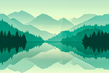 Obraz premium Birthday card design with a tranquil lake scene, featuring a tranquil water surface reflecting the surrounding mountains and trees