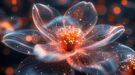 Fractal flower composed of luminous particles floating in a vast, inky black void. 1000x magnification reveals intricate geometric patterns within the petals.