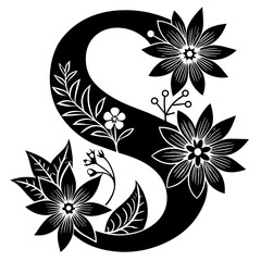 black graphic letter s  decorated with flowers