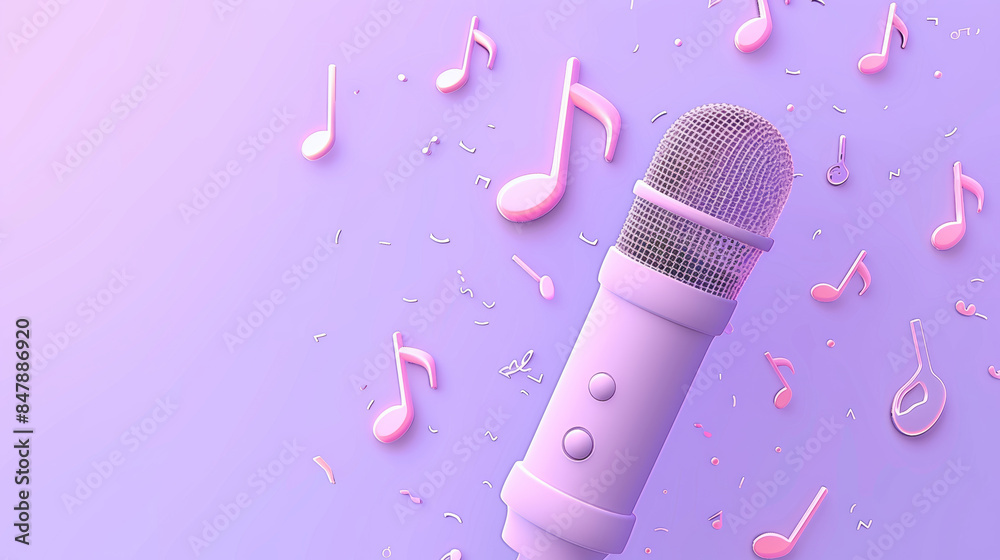 Sticker 3d microphone icon with floating musical notes and sound waves, on a light purple background