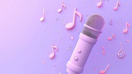 3D microphone icon with floating musical notes and sound waves, on a light purple background