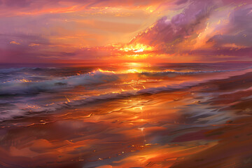 Fototapeta premium Romantic beach sunset, with golden sands, gentle waves, and a sky ablaze with warm hues of orange and pink