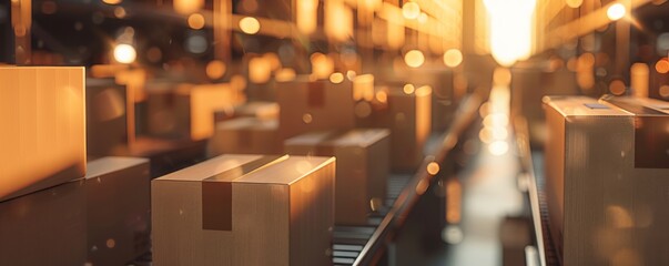 Boxes products on industry belt. Factrory package banner. Generative Ai.