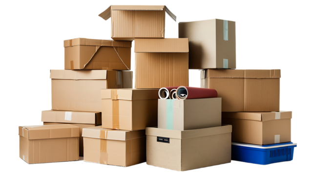 Moving boxes with belongings isolated on transparent background