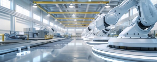 Fototapeta premium Automated smart robotic arms in modern luxury warehouse, package concept banner. Generative AI.
