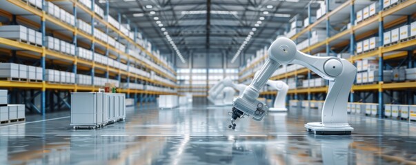 Automated smart robotic arms in modern luxury warehouse, package concept banner. Generative AI.