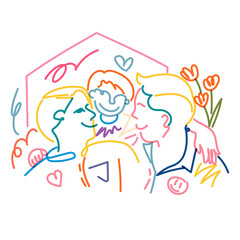 Gay family png clipart, LGBTQ line portrait illustration on transparent background