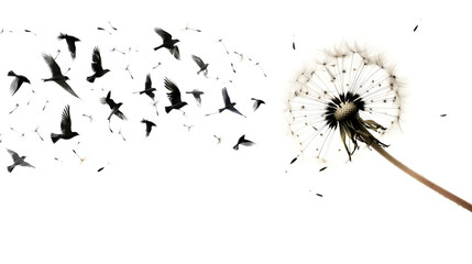 A dandelion turning into birds, with the seeds dispersing and transforming in mid-air on a white...