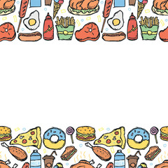 American food frame. Doodle ilustration with american food icons. Fast food background