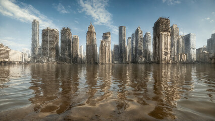 Obraz premium Flooded city, post-apocalyptic cityscape with abandoned, partially submerged skyscrapers and other buildings, due to climate change associated with global warming.