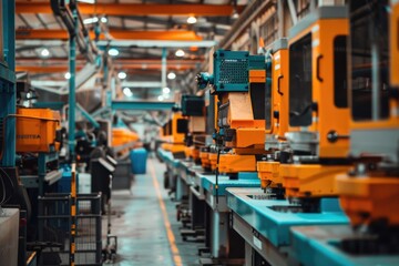 Fototapeta premium Machines for Injection Molding in Large Factory. Manufacturing Process of Metal Panels