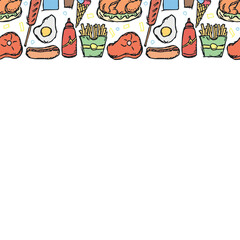 American food frame. Doodle ilustration with american food icons. Fast food background