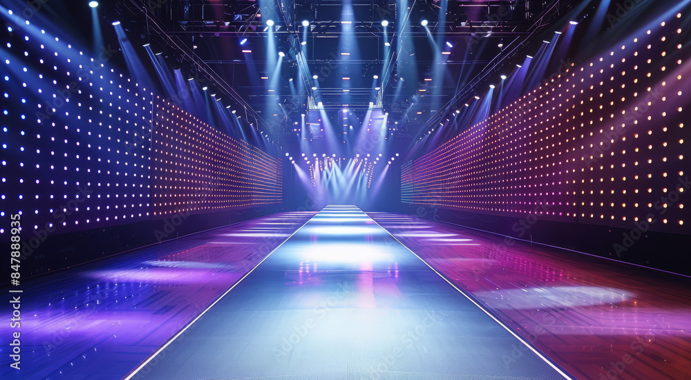 Poster The long empty fashion catwalk with beautiful lights on both sides, the background is dark and simple, the front view of the stage, there's an LED screen in between two walls at each. Generative AI.