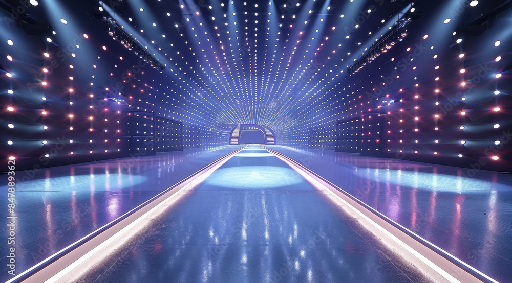 Poster The long empty fashion catwalk with beautiful lights on both sides, the background is dark and simple, the front view of the stage, there's an LED screen in between two walls at each. Generative AI.