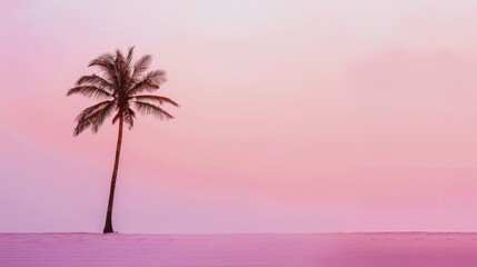 Naklejka premium Silhouette of a palm tree on the sand with a pastel purple or pink horizon. copy space. palm tree against a pink sunset background