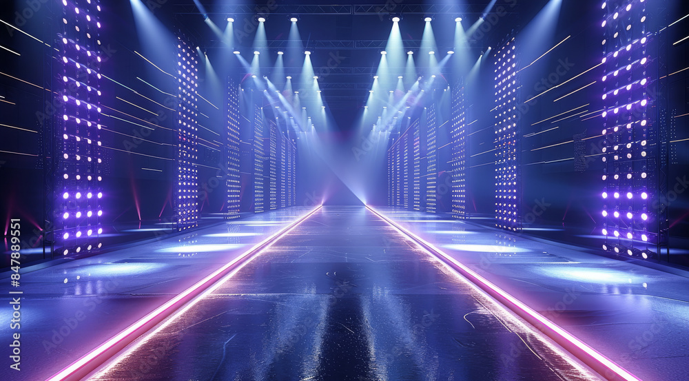 Leinwandbilder The long empty fashion catwalk with beautiful lights on both sides, the background is dark and simple, the front view of the stage, there's an LED screen in between two walls at each. Generative AI.