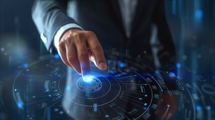 バーチャルな画面をタッチするビジネスマンの手