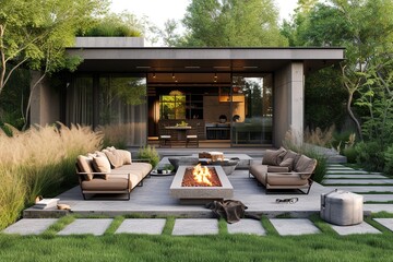 Industrial chic outdoor lounge with concrete fire pit and steel furniture.