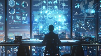 最新テクノロジーを利用したバーチャルシステムを操るビジネスマン