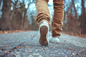 Sportive person walking quickly in the park. Take your pants for a walk day