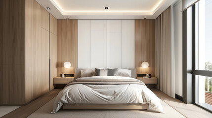 Modern bedroom with large wardrobe and cozy bed in spacious interior