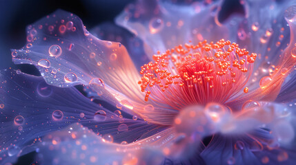 A flower petal covered in pollen grains, magnified 1000x, transforms into a celestial landscape. Each grain becomes a miniature planet, its surface etched with craters and ridges, bathed in an