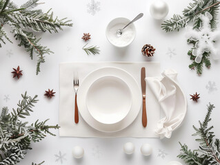 Elegant minimalist Christmas table setting white tablescape empty plate mock up background pine cone branches snowflakes fresh bright tableware elegant fancy lux chic xmas restaurant dinner advert