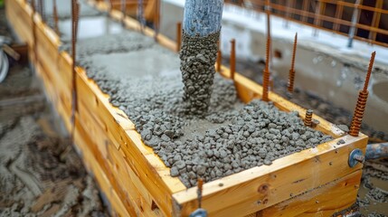detailed shot of concrete being poured into wooden forms for a new building foundation