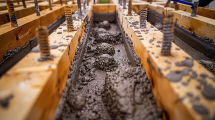 detailed shot of concrete being poured into wooden forms for a new building foundation