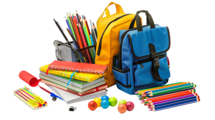 School supplies with books isolated on transparent background