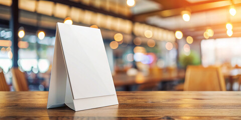 Mock up Label the blank menu frame in Bar restaurant ,Stand for booklets with white sheets paper acrylic tent card on wooden table cafeteria blurred background can inserting the text of the customer.
