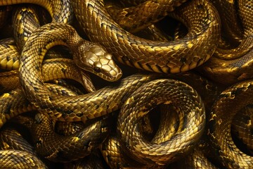 Fototapeta premium Mystical serpents a collection of snakes on a black background with a majestic gold snake atop