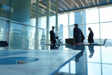 Fototapeta premium Modern office with financial charts and business professionals at background