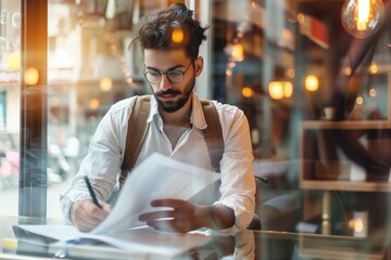 Young entrepreneur working on financial report in a cafe