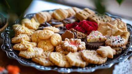 Fototapeta premium A beautifully arranged platter of cookies for a party, with different shapes and designs.
