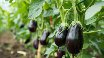 Eggplants growing in a greenhouse on a sunny day