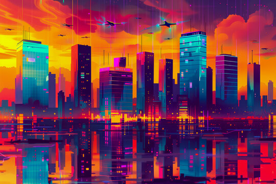 Futuristic city skyline with towering skyscrapers and sleek, glass facades, illuminated by colorful neon lights and bustling with flying cars and drones