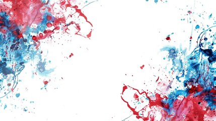 A vibrant abstract art piece featuring splatters of red and blue paint on a white background