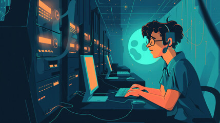 flat illustration, vintage postcard, System Administrator Day, office employee working at a computer, gamer, night overtime