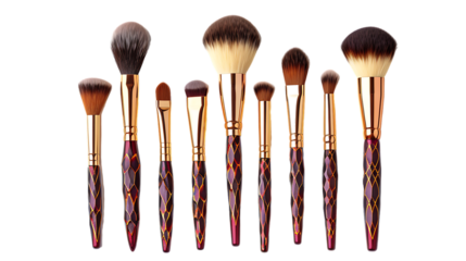Set of makeup brushes with decorative cosmetics isolated on transparent background