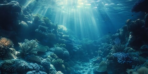 A cinematographic shot Underwater worlds filled with coral reefs.